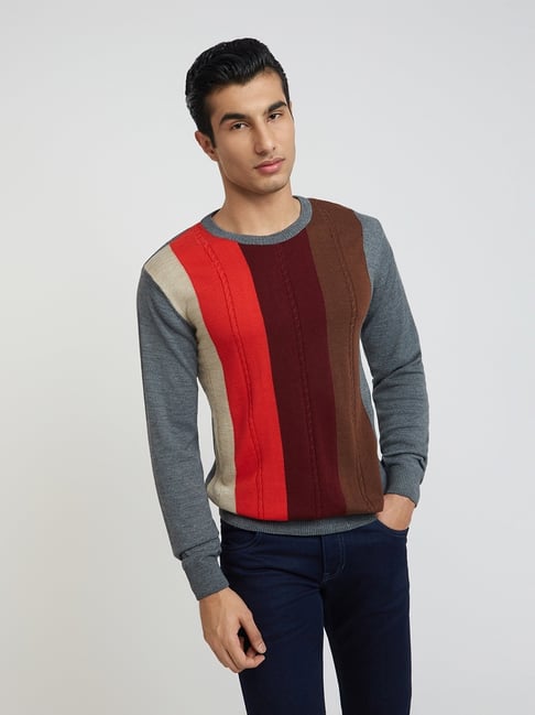 Buy Raymond Grey Orange Regular Fit Colour Block Sweaters for