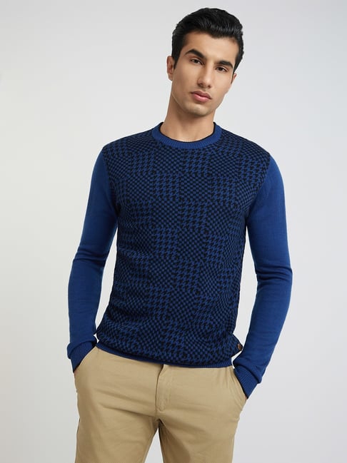 Buy Raymond Blue Regular Fit Printed Sweaters for Mens Online