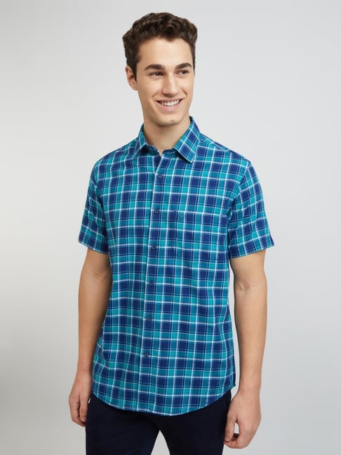 ColorPlus Green Cotton Tailored Fit Checks Shirt