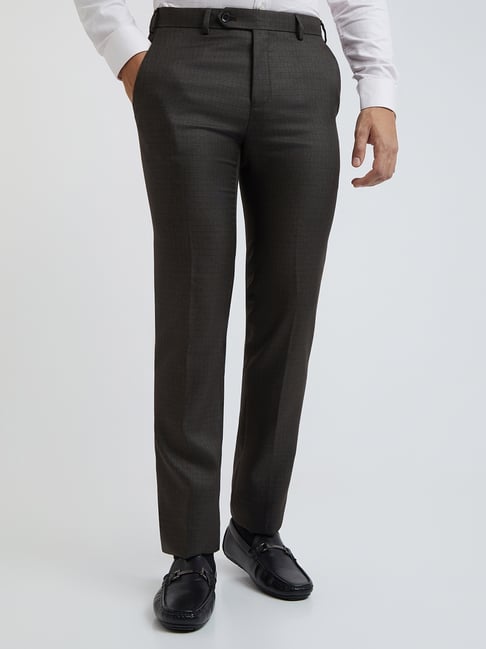 Raymond Brown Slim Fit Check Flat Front Trousers-picture-36