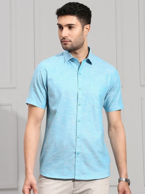Ramraj Blue Cotton Slim Fit Self Pattern Shirt