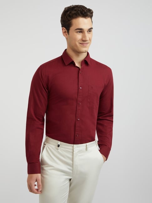Raymond Red Cotton Linen Slim Fit Shirt