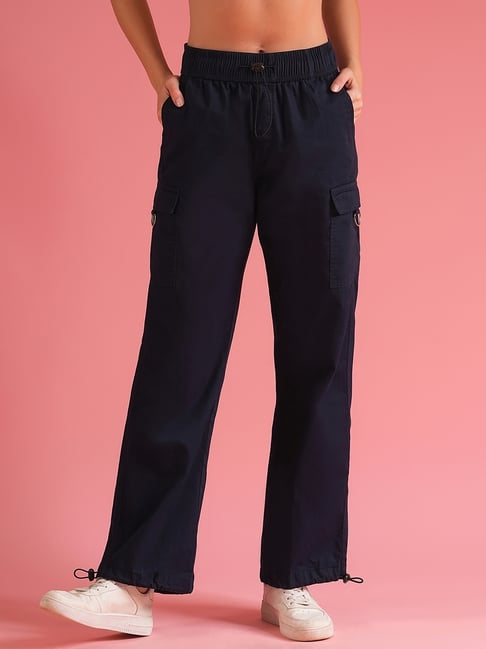 Globus Navy Cotton Relaxed Fit Mid Rise Cargo Pants-picture-30