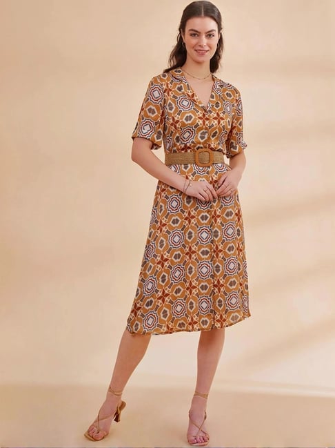 B77 Mustard Milodia Sustainable Satin Chiffon Printed Shirt Dress