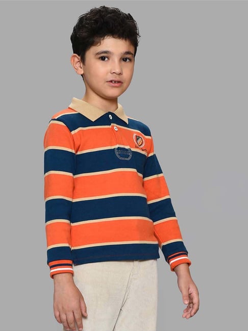 MiArcus Boys Navy Orange Striped Full Sleeves Polo T-Shirt - Main Image