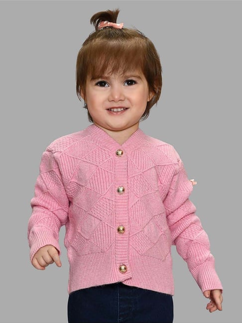 MiArcus Girls Pink Self Design Full Sleeves Cardigan