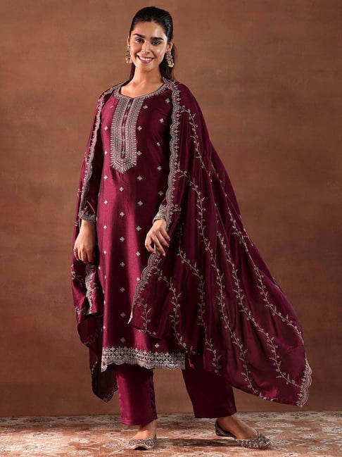 Libas Maroon Silk Blend Regular Fit Floral Kurta Set
