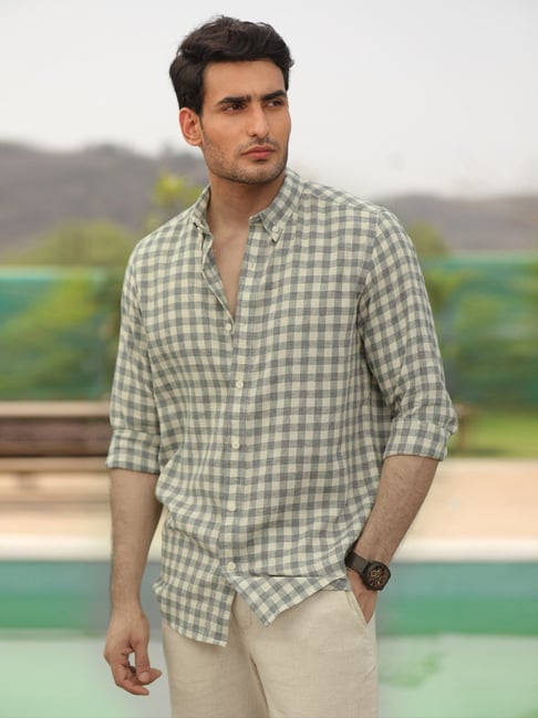 Perch Green Slim Fit Checks Shirt