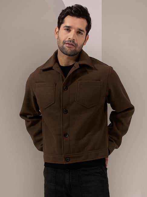 Buy Perch Green Suede Boxy Fit Solid Jackets for Mens Online