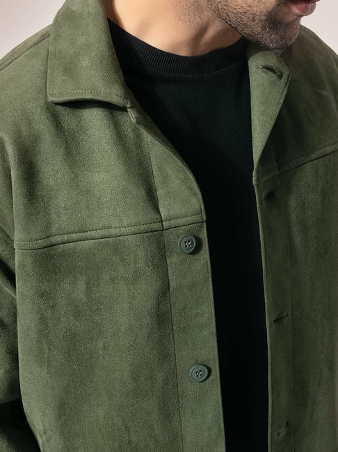 MONOHA Faux Suede Utility Jacket ジャケット Buy Perch Green Suede Boxy Fit Solid Jackets for Mens Online