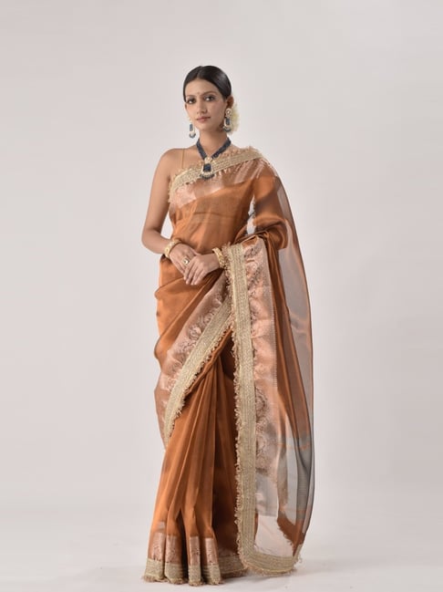 Sutra Attire Russet Brown Ranisa Edit Banarasi Handwoven Tissue Saree with Heavy Lace Work-picture-12