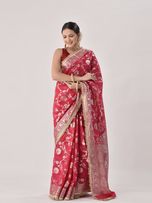 Sutra Attire Cherry Red Floral Ranisa Edit Banarasi Georgette Saree with Designer lace-picture-10