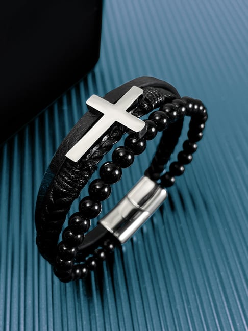 Peora Black Stainless Steel Leather Bracelet-picture-45