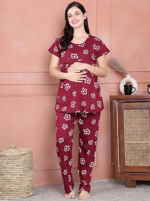 Buy Secret Wish Maroon Printed Maternity Night Suit for Women