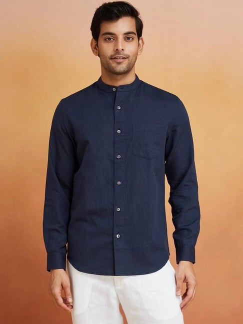 Fabindia Navy Linen Blend Solid Shirt-picture-30