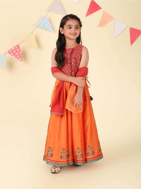 Fabindia Girls Orange Printed Lehenga Set-picture-37