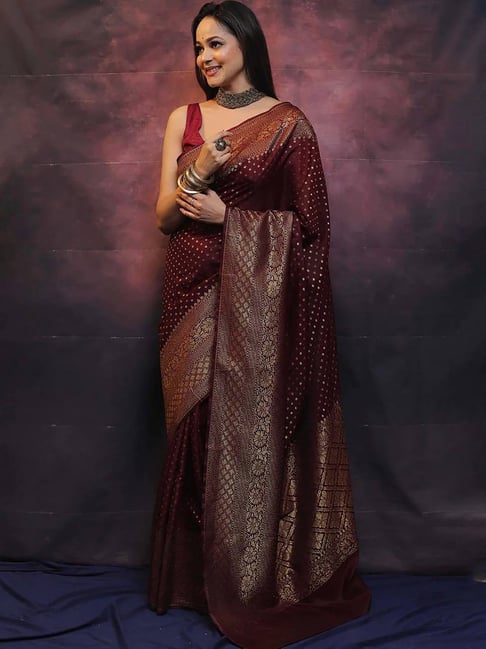 Anjaneya Sarees Maroon Banarasi Silk Saree with Unstiched Blouse-picture-15