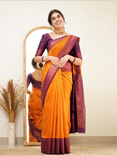Anjaneya Sarees Orange Banarasi Silk Saree with Unstiched Blouse-picture-21