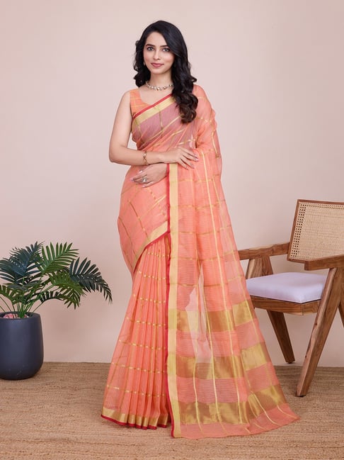 Anjaneya Sarees Orange Cotton Silk Saree with Unstiched Blouse-picture-20