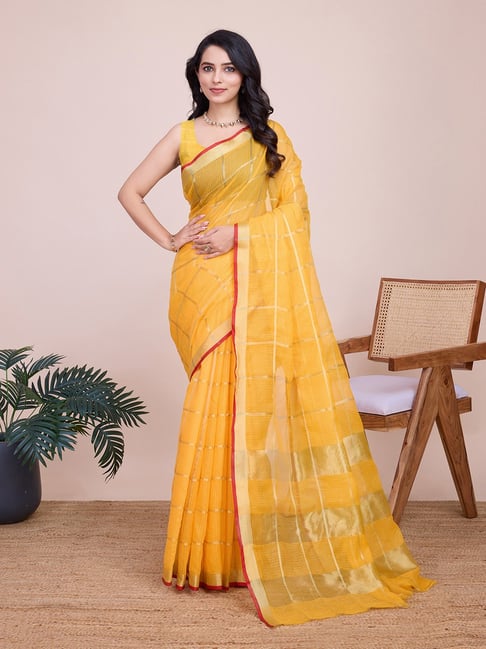 Anjaneya Sarees Yellow Cotton Silk Saree with Unstiched Blouse-picture-27