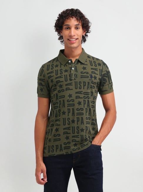 Polo Denim Green Cotton Slim Fit Printed Polo T-Shirt
