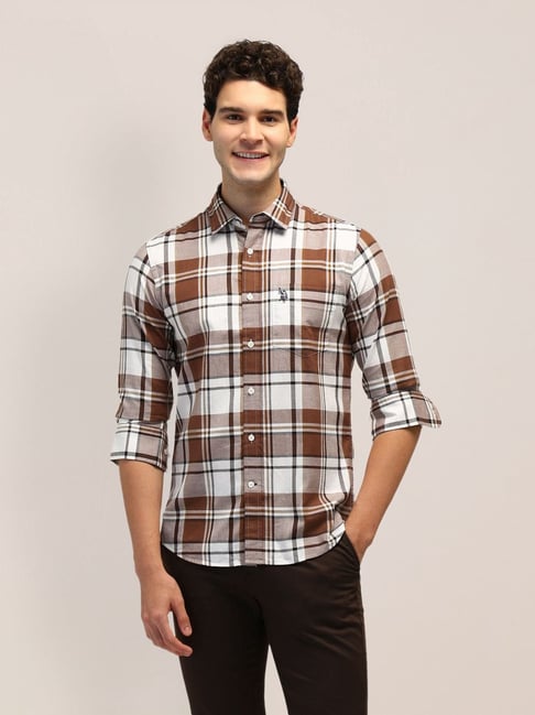 Polo Brown Cotton Regular Fit Checks Shirt
