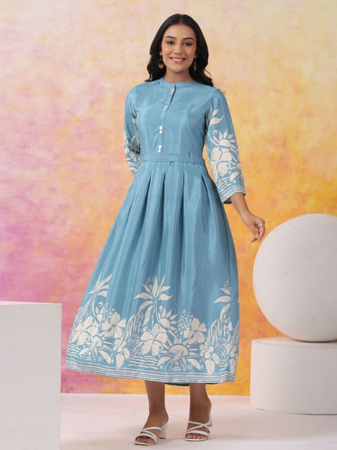 Kaftanize Blue Russian Silk Casual Dress - Main Image
