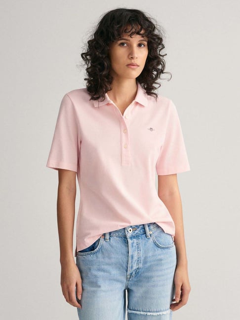 GANT Women Solid Polo Collar Pique Cotton Slim Fit Pink T-shirt