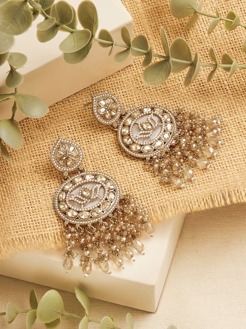 Zaveri Pearls Peach Color Dazzling StonesCluster Beads Drop Dangler Earring