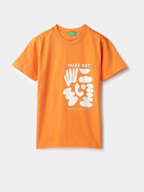 United Colors of Benetton Boys Orange Cotton Printed Tshirt