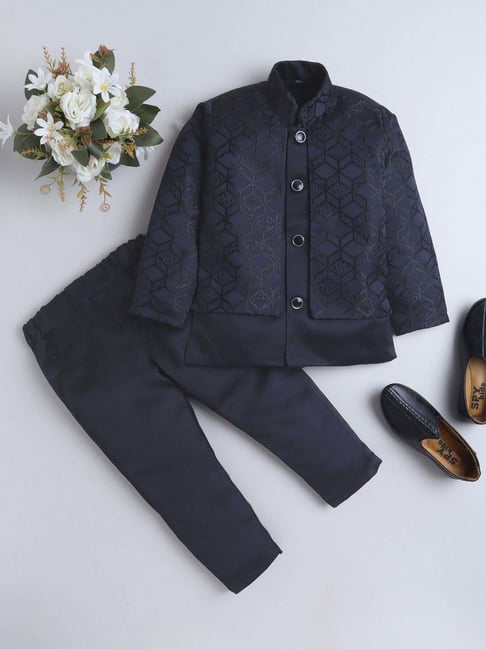 Fourfolds Boys Navy Blue Solid Full Sleeves Indowestern Sets-picture-16