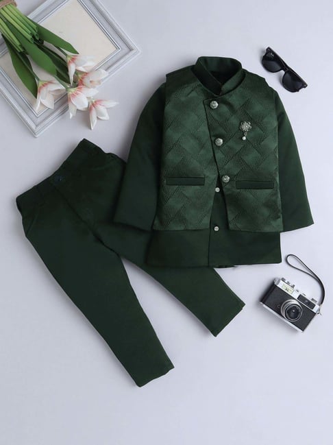 Fourfolds Boys Dark Green Solid Full Sleeves Indowestern Sets-picture-35