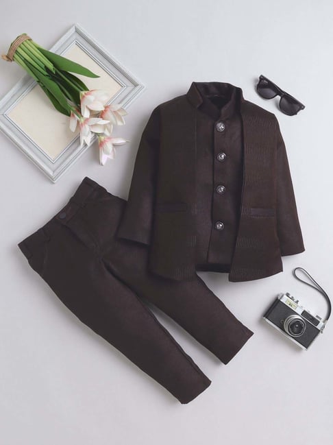 Fourfolds Boys Wine Solid Full Sleeves Indowestern Sets-picture-34