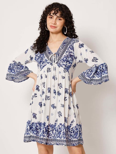 Veldress White & Blue Printed A-Line Dress-picture-21