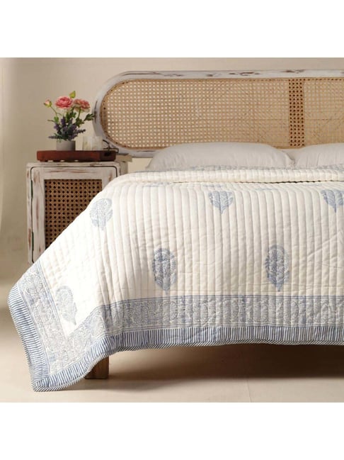 Peepul Tree Handprinted White Quilted Cotton Light Coverlet
