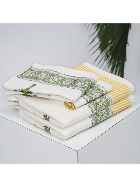 Peepul Tree White & Green Cotton 400 GSM Bath Towels - Set of 2