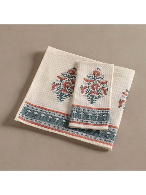 Peepul Tree Off-White & Teal Cotton 300 GSM Bath Towel-picture-18