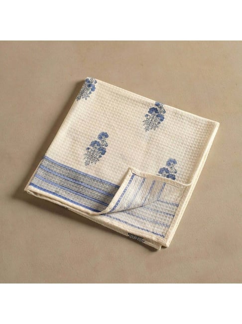 Peepul Tree Off White & Blue Cotton 300 GSM Hand Towels - Set of 2