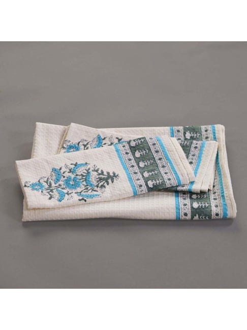 Peepul Tree Pure Cotton 2 Bath & 2 Hand Towels Set (Off White, Blue & Teal)-picture-24