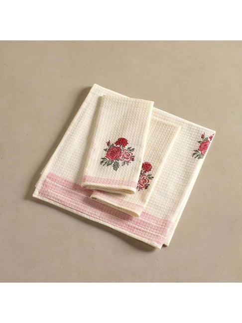 Peepul Tree Pure Cotton 2 Hand Towels Set (Off White & Pink)