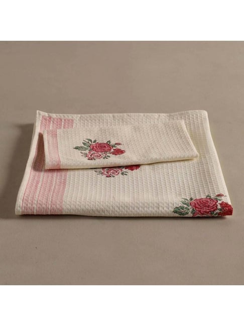 Peepul Tree Pure Cotton 2 Bath & 2 Hand Towels Set (Off White & Pink)