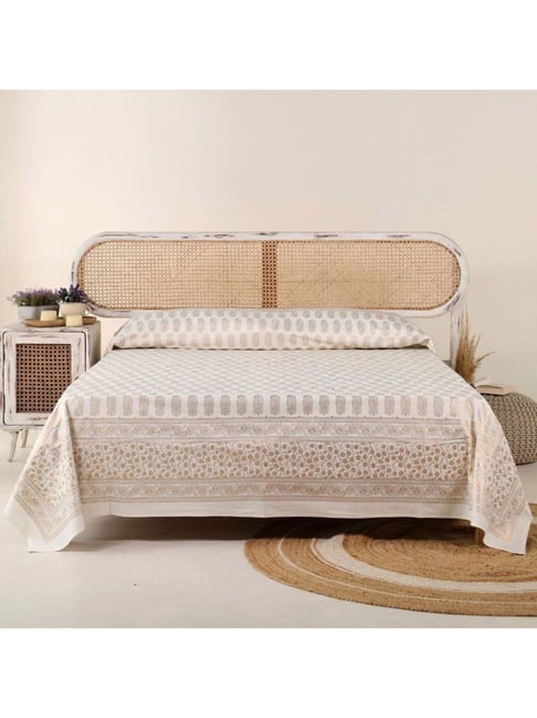 Peepul Tree Off White & Golden Cotton 300 TC Double Bed Sheet with 2 Pillow Covers