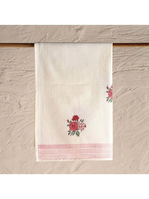 Peepul Tree Pure Cotton 1 Bath & 1 Hand Towels Set (Off White & Pink)