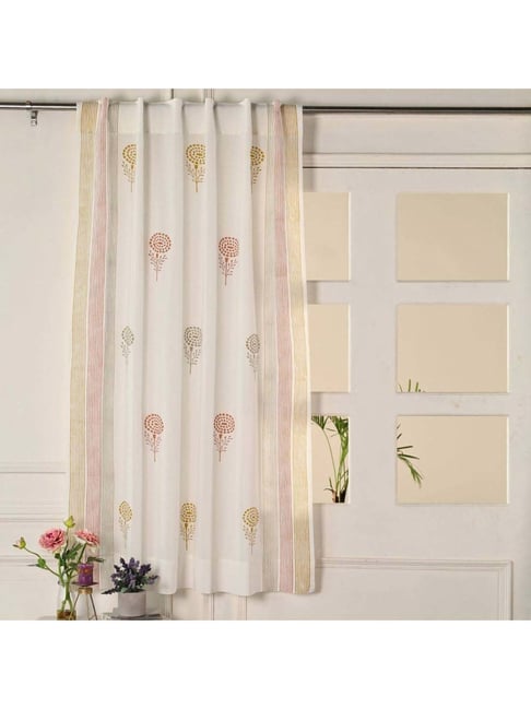 Peepul Tree White & Red Pure Cotton Marigold Collection Sheer Curtains - Set of 2