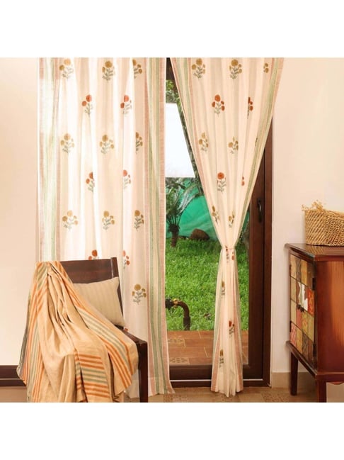 Peepul Tree White & Rust Pure Cotton Marigold Collection Sheer Curtain