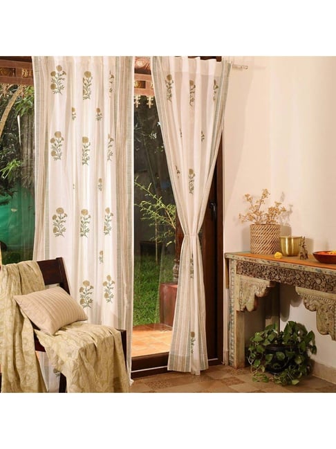 Peepul Tree White & Olive Green Pure Cotton Marigold Collection Sheer Curtain