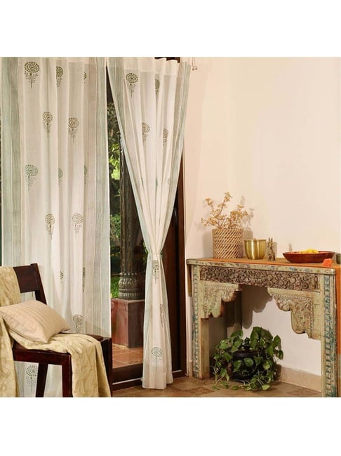 Peepul Tree White & Green Pure Cotton Marigold Collection Sheer Curtain