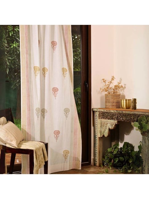 Peepul Tree White & Mustard Pure Cotton Marigold Collection Sheer Curtain