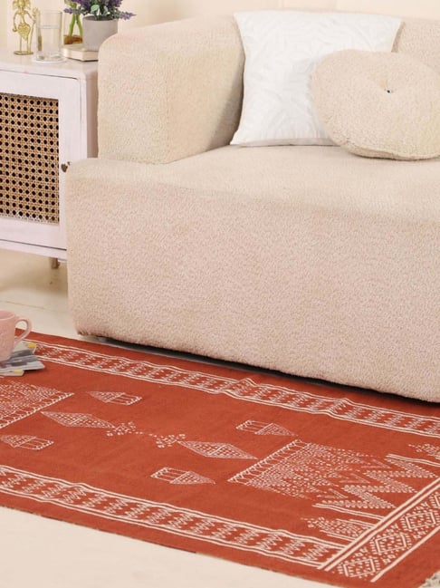 Peepul Tree Rust Brown Pure Cotton Handprinted Rug