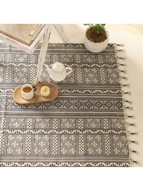 Peepul Tree Black & Off-White Pure Cotton Handprinted Floor Rug